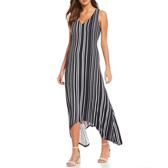 Size Medium TOMMY BAHAMA ANOCHE SLEEVELESS‎ NAVY STRIPED SHARKBITE MAXI DRESS - Picture 9 of 11